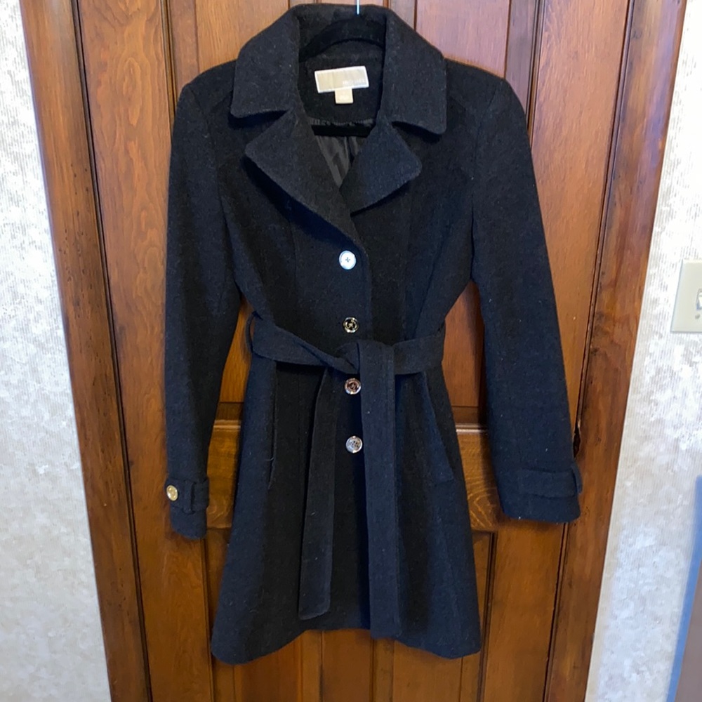 Charcoal gray, pea coat with detachable hood